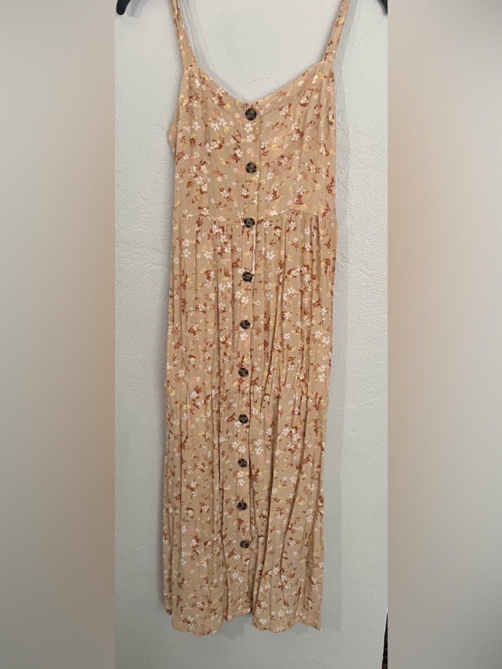 Pink Rose Beige Floral Button-Front Maxi Dress with Spaghetti Straps